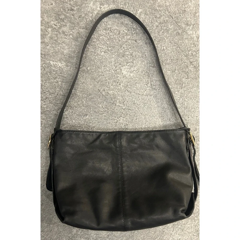 Vintage Black Leather Shoulder Bag Minimalist Hobo Purse Gold Hardware Trim